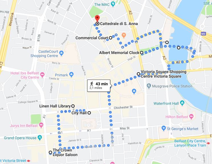 Mappa itinerario di Belfast, il centro città